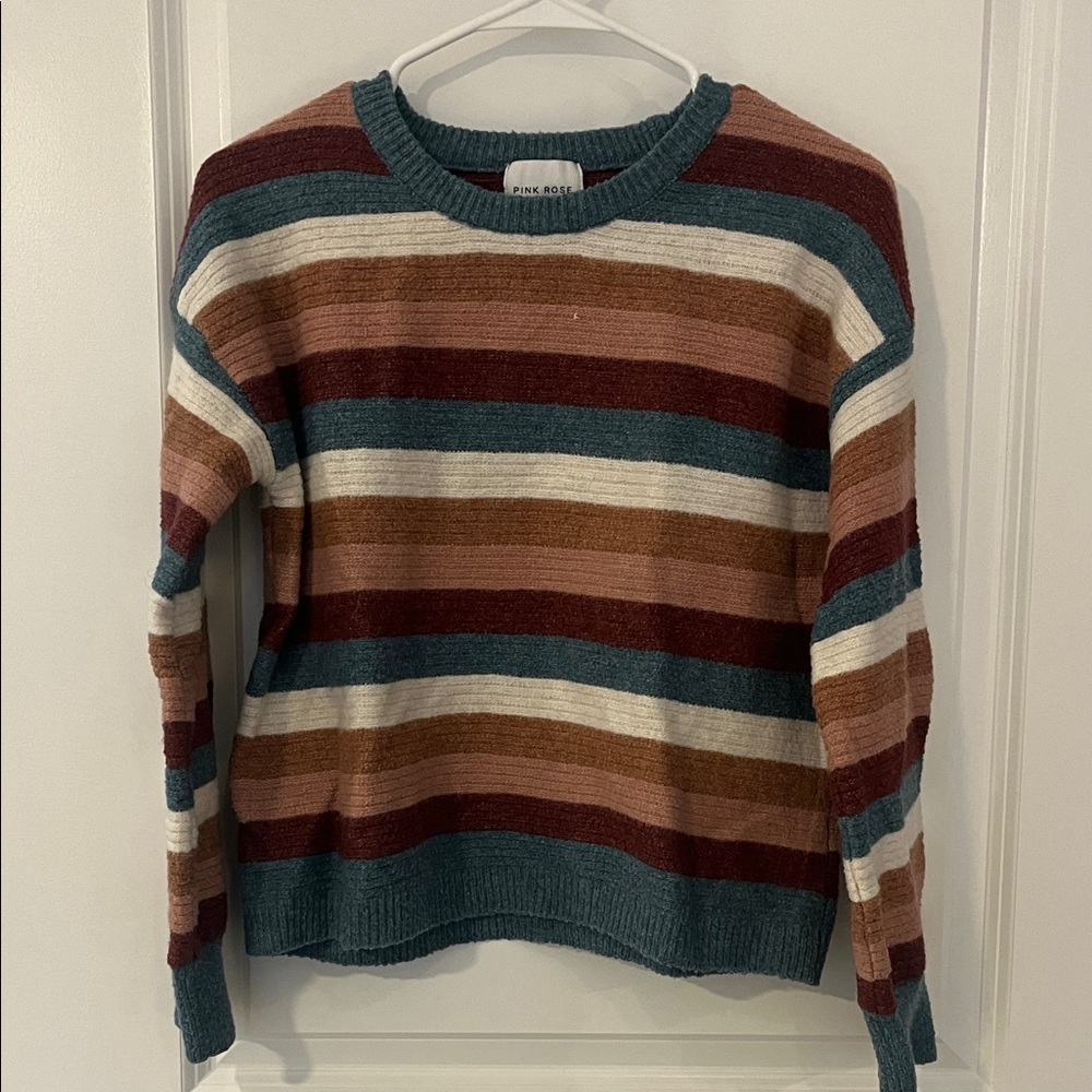 Pink Rose Multicolor Striped Knit Sweater - Teal, Rust, Cream, Brown, Burgundy
